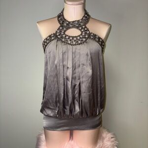 Y2K Beaded Grey Halter Satin Top Small